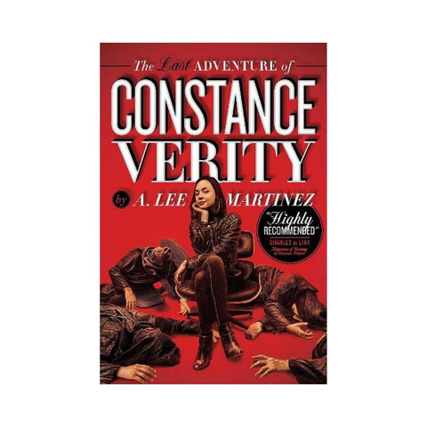 Book cover of 'The Last Adventure of Constance Verity' with a red background and black text.