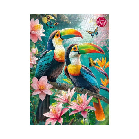 Jigsaw puzzle with two colorful toucans on a branch surrounded by flowers and butterflies, brand 'Cherry Puzzle' visible.