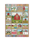 Patchwork quilt design with farm scenes and colorful patterns