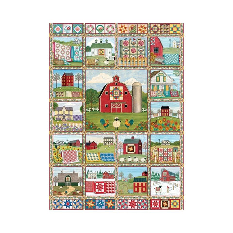 Patchwork quilt design with farm scenes and colorful patterns