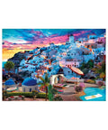 Santorini village with windmills and sunset sky