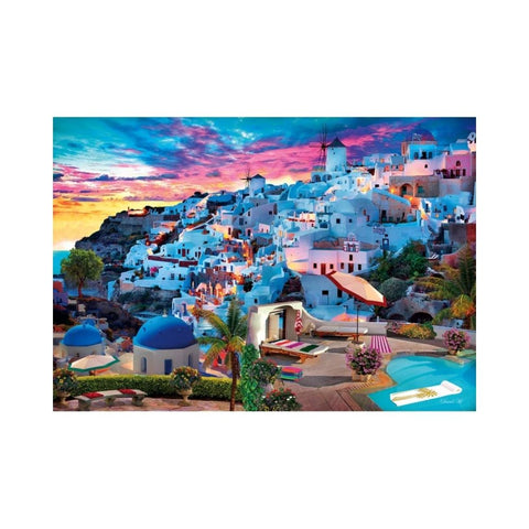 Santorini village with windmills and sunset sky